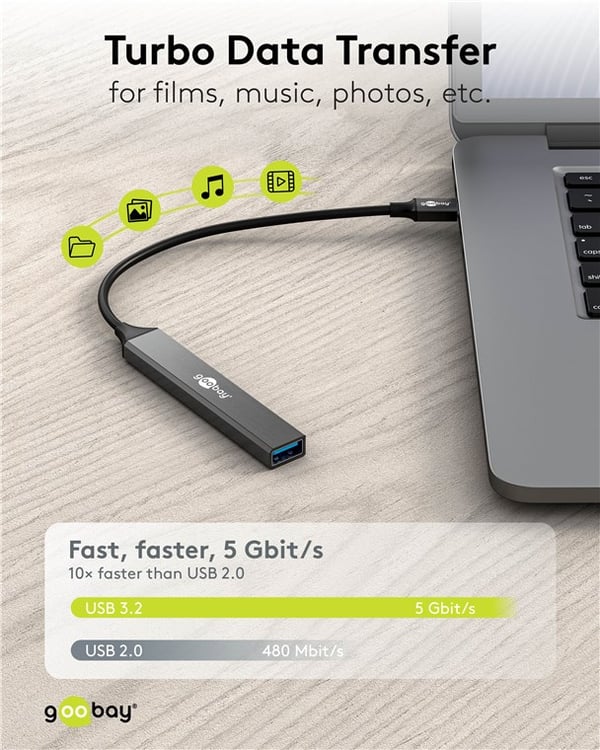 Slank USB-hub med 4 porter, USB-A til USB-C™/USB-A, 5 Gbit/s