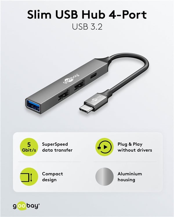 Slim 4-ports USB-hub, USB-C™ til USB-C™/USB-A, 5 Gbit/s