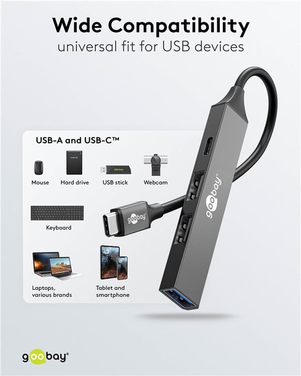 Slim 4-ports USB-hub, USB-C™ til USB-C™/USB-A, 5 Gbit/s
