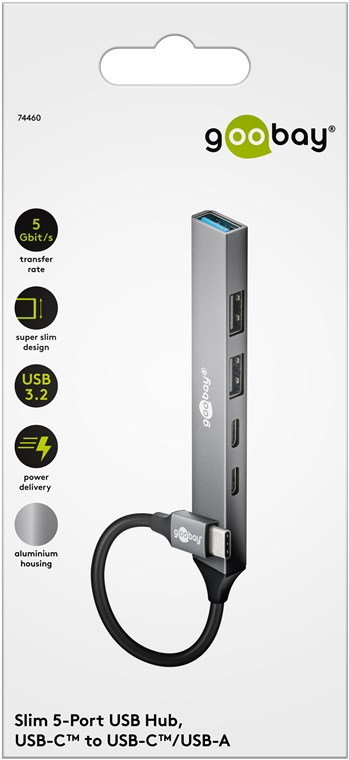 Slim 5-ports USB-hub, USB-C™ til USB-C™/USB-A, 5 Gbit/s