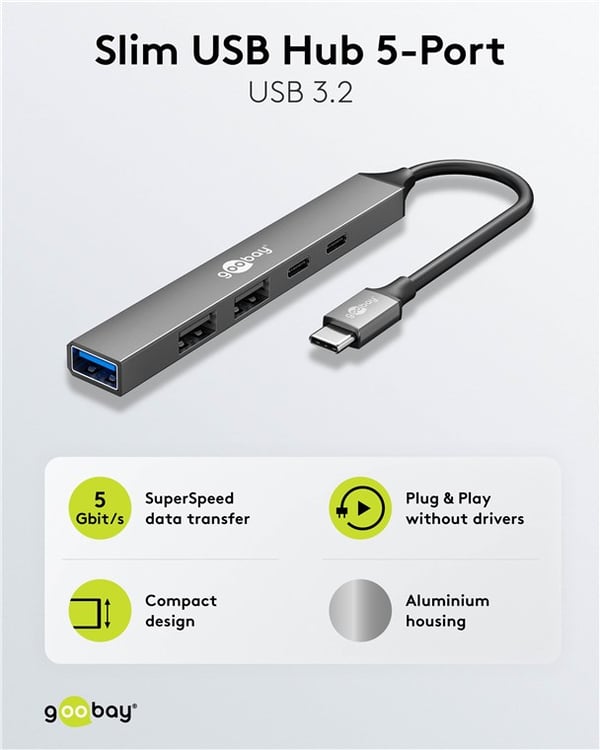 Slim 5-ports USB-hub, USB-C™ til USB-C™/USB-A, 5 Gbit/s