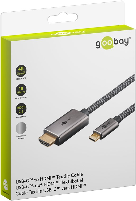 USB-C™-til-HDMI™-tekstilkabel 4K @ 60 Hz, 1 m, svart;sølv