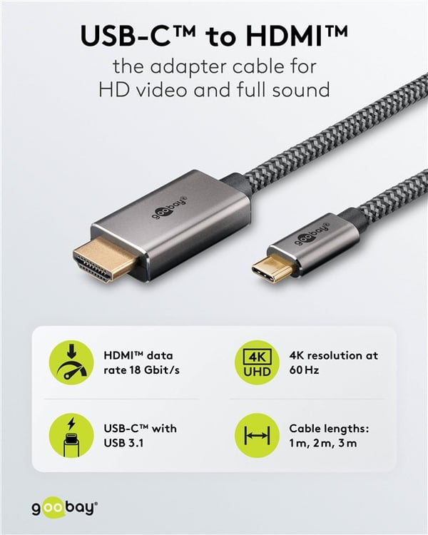 USB-C™-til-HDMI™-tekstilkabel 4K @ 60 Hz, 1 m, svart;sølv
