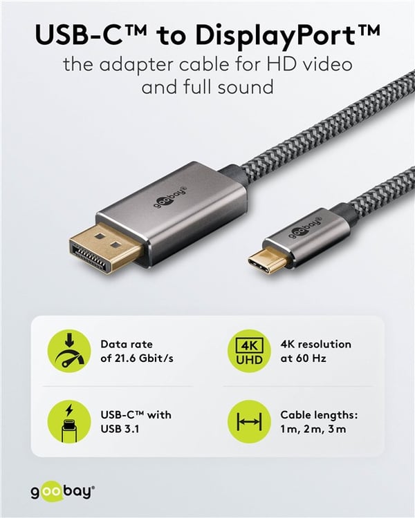 USB-C™-DisplayPort™-kaapeli, 1 m, musta/hopea