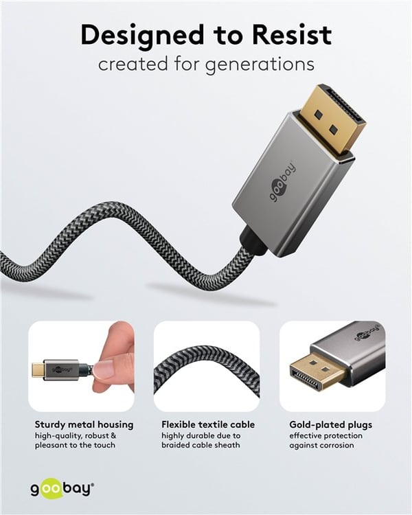 USB-C™-DisplayPort™-kaapeli, 1 m, musta/hopea