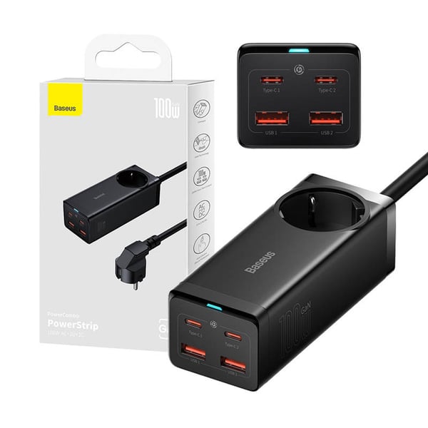 Baseus GaN3 Pro vegglader / powerstrip 2xUSB + 2xUSB-C + AC, 100W (svart)
