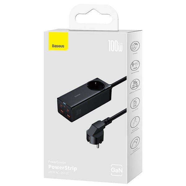 Baseus GaN3 Pro vegglader / powerstrip 2xUSB + 2xUSB-C + AC, 100W (svart)