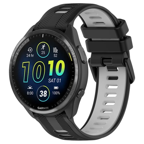 Musta ja harmaa silikoniranneke Garmin Forerunner 965:lle