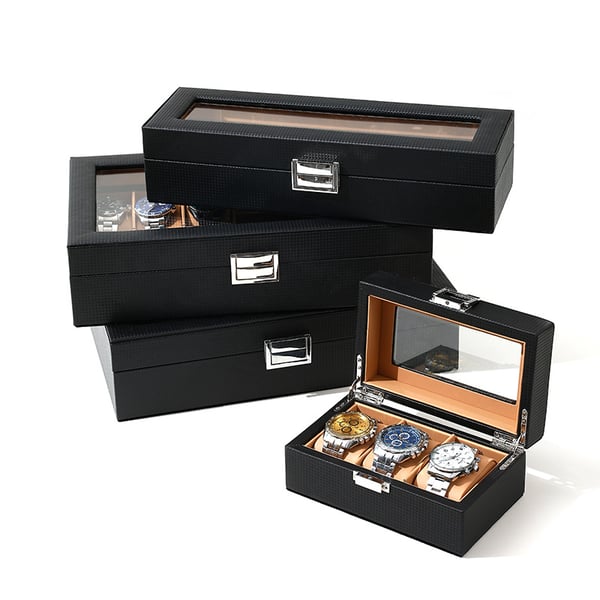 Klockbox i kolfiber - Elegant displayfodral med 3 fack