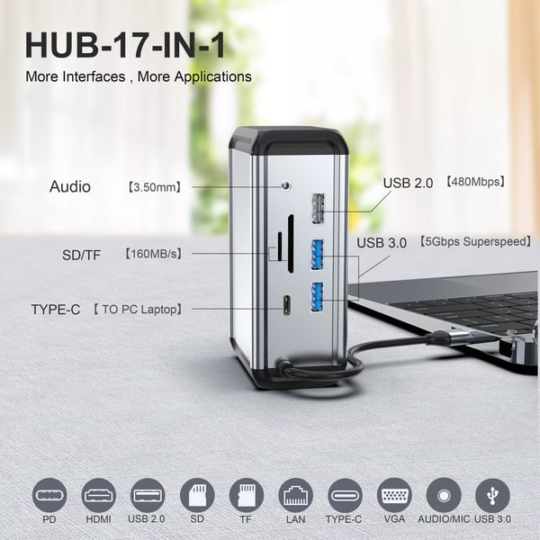 12-i-1 USB-C-hubadapter med HDMI, VGA, Ethernet og mer