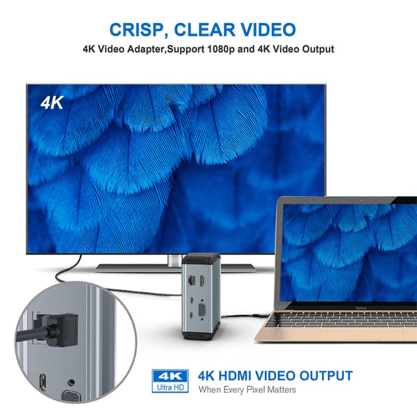 12-i-1 USB-C-hubadapter med HDMI, VGA, Ethernet og mer