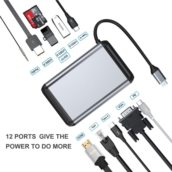 12-i-1 USB-C-hubadapter med HDMI, VGA, Ethernet og mer
