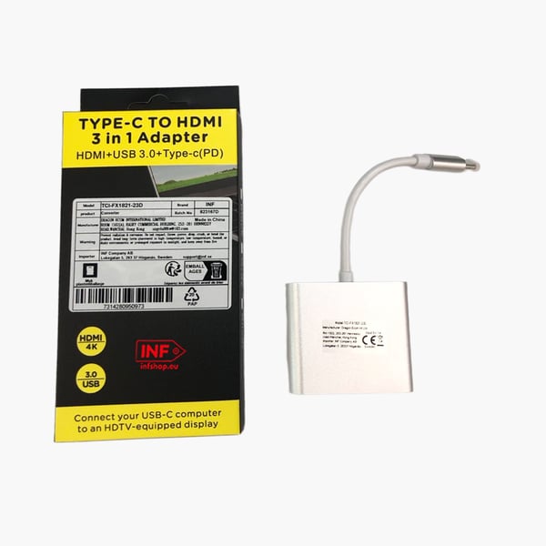 3-i-1 USB-C-hub med HDMI, USB 3.0 og PD-lading