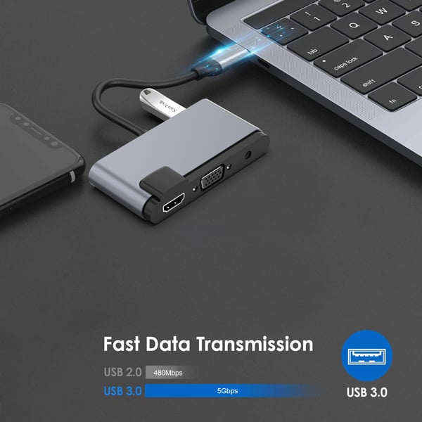 5-i-1 USB-C-hub med HDMI, VGA, USB 3.0, lyd og PD-lading