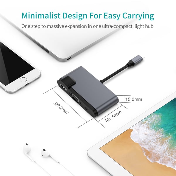 5-i-1 USB-C-hub med HDMI, VGA, USB 3.0, lyd og PD-lading