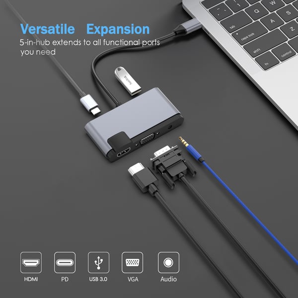 5-i-1 USB-C-hub med HDMI, VGA, USB 3.0, lyd og PD-lading