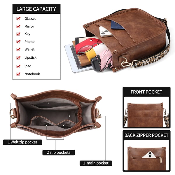 Stilig PU Tote Bag for kvinner: Crossbody Skulderveske Brown