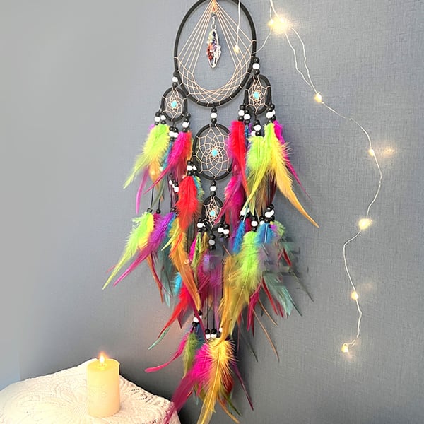 Drømmefanger med fem ringe og krystaller MultiColor