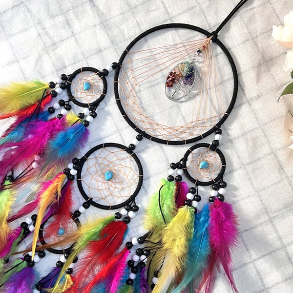 Drømmefanger med fem ringe og krystaller MultiColor