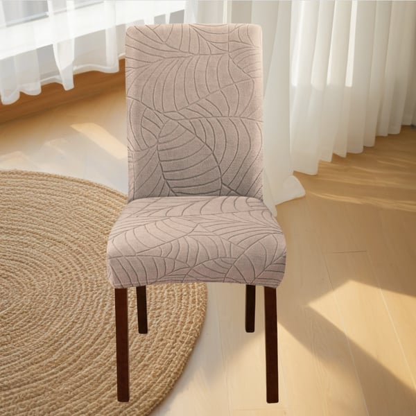 Elastiske stoltrekk til spisestue, myk bladjacquard stolbeskytter Beige