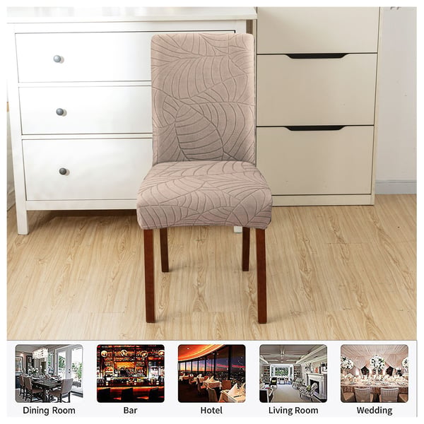 Elastiske stoltrekk til spisestue, myk bladjacquard stolbeskytter Beige