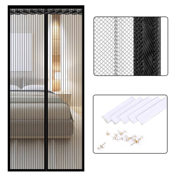Magnetisk skjermdørgardin, stripete polyester, 9 par spenner, 90x220 cm