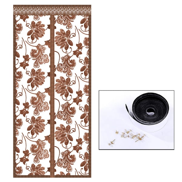 Magnetisk skjermdørgardin, brodert peon kaffe, 80 cm x 210 cm