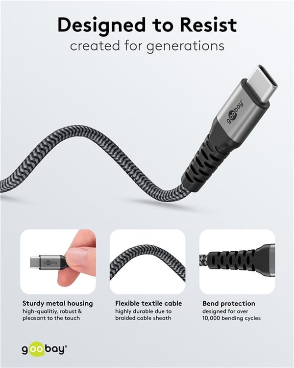 USB-C™ tekstilkabel, 60 W, Power Delivery, 1,5 m, svart;grå