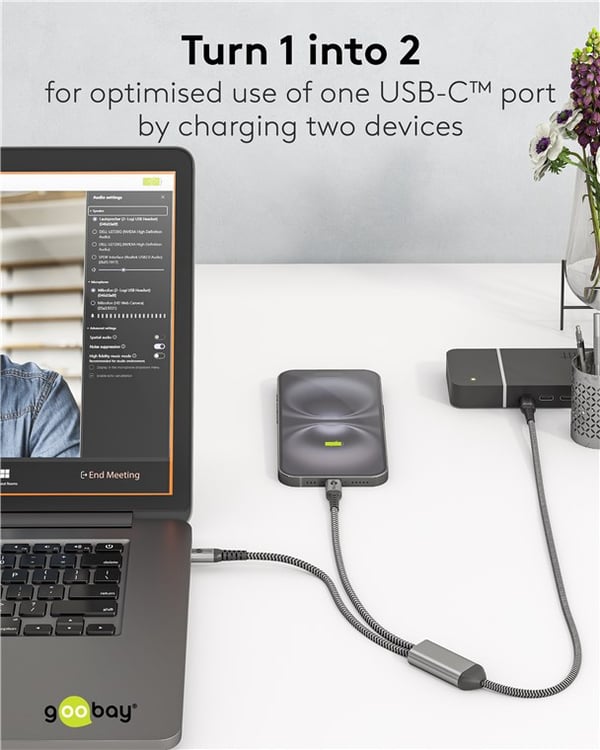 USB-C™ tekstilkabel, 60 W, Power Delivery, 1,5 m, svart;grå
