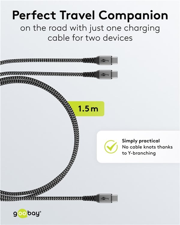 USB-C™ tekstilkabel, 60 W, Power Delivery, 1,5 m, svart;grå