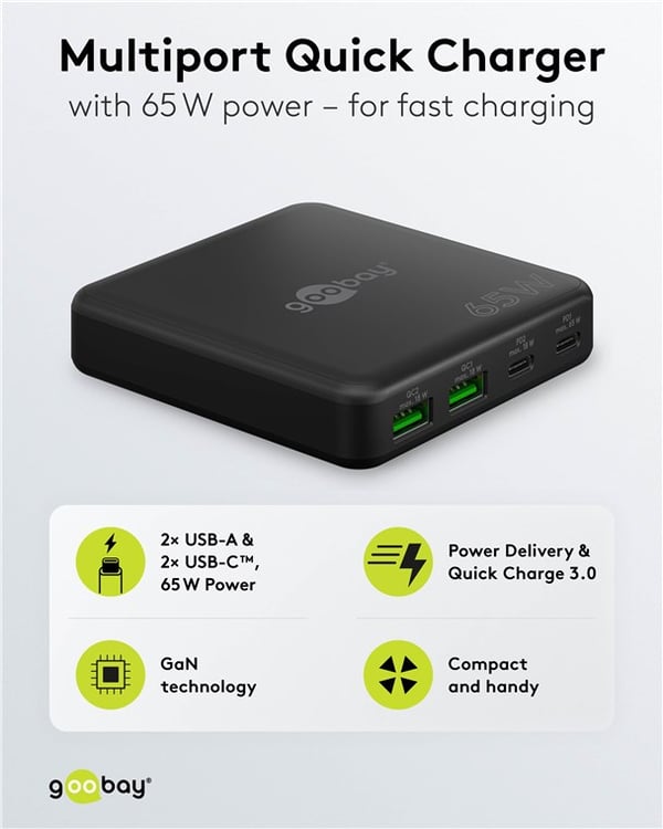 USB-C™ PD GaN-moniporttilaturi (65 W) musta