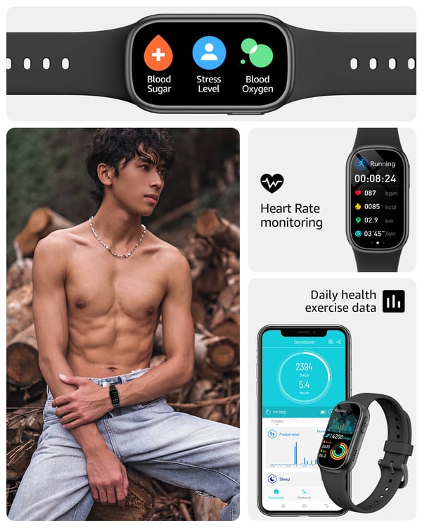 Smartwatch med pulsmåler, blodtryksmåler, søvnmonitor, skridttæller Black