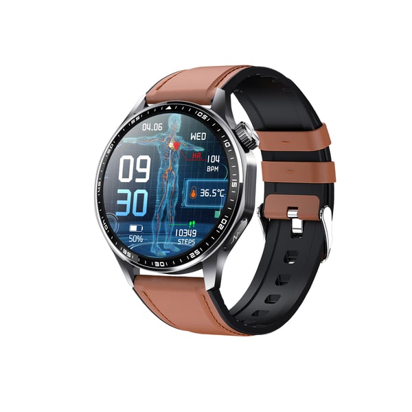 Smartwatch med EKG, pulsmåler, blodtryksmåler og skridttæller Black and Brown Leather strap