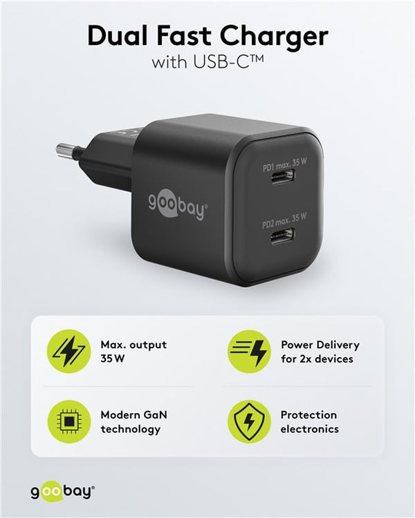 USB-C™ PD GaN dobbel hurtiglader Nano (35 W) svart