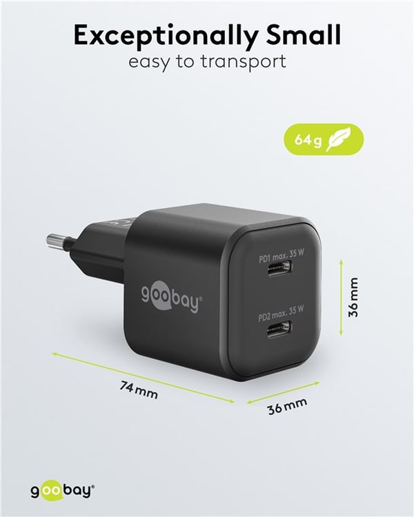 USB-C™ PD GaN dobbel hurtiglader Nano (35 W) svart