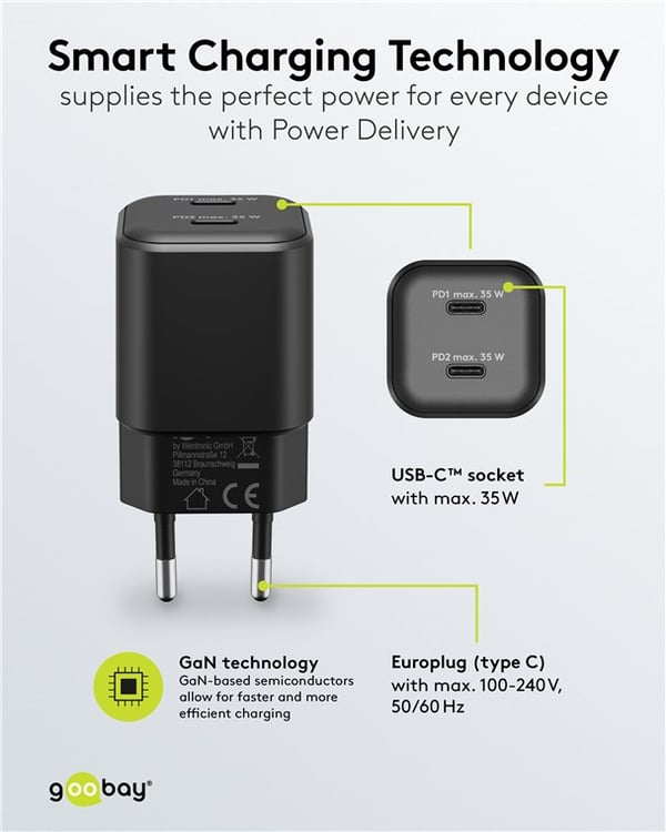 USB-C™ PD GaN dobbel hurtiglader Nano (35 W) svart