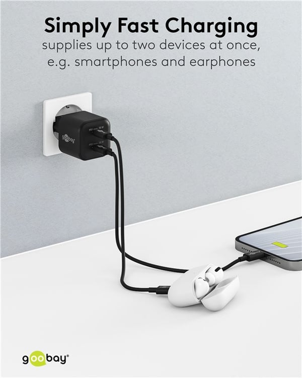 USB-C™ PD GaN dobbel hurtiglader Nano (35 W) svart