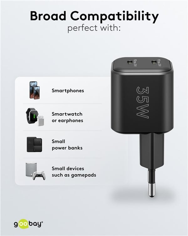 USB-C™ PD GaN dobbel hurtiglader Nano (35 W) svart