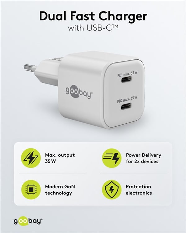 USB-C™ PD GaN dobbelt hurtigoplader Nano (35 W) hvid