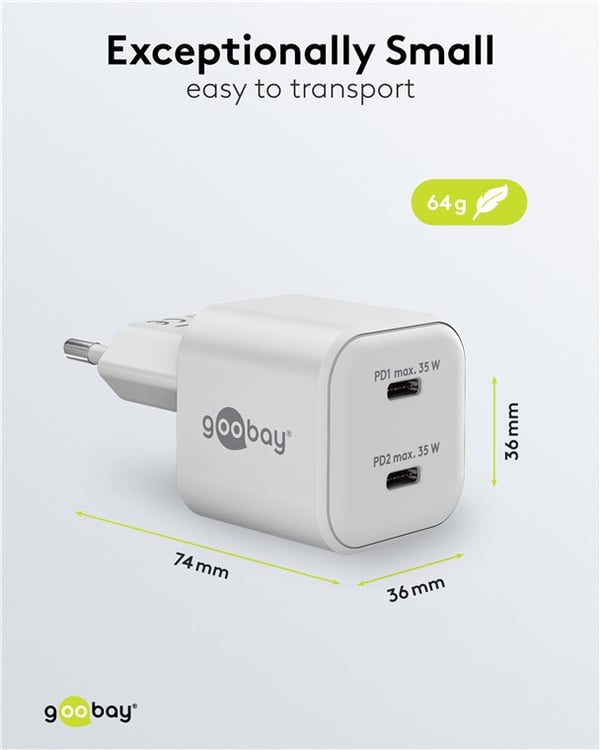 USB-C™ PD GaN dobbelt hurtigoplader Nano (35 W) hvid