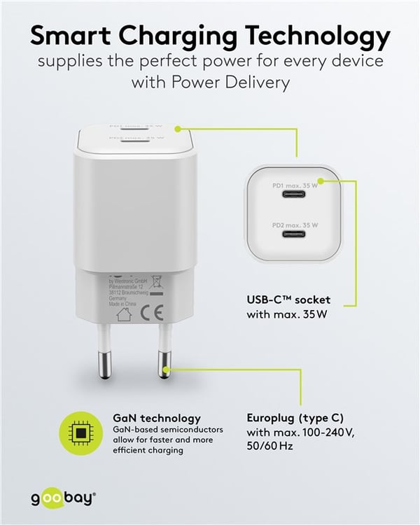 USB-C™ PD GaN dobbelt hurtigoplader Nano (35 W) hvid