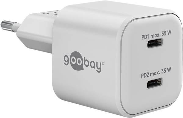 USB-C™ PD GaN dobbelt hurtigoplader Nano (35 W) hvid