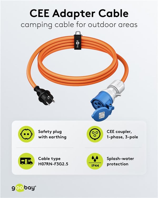 CEE-adapterkabel, kontakt med jord til CEE hun, 5 m