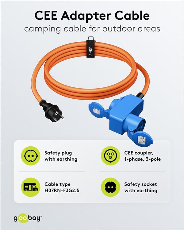 CEE-adapterkabel, kontakt med jord til 90° CEE hun og uttak med jord, 1,5 m