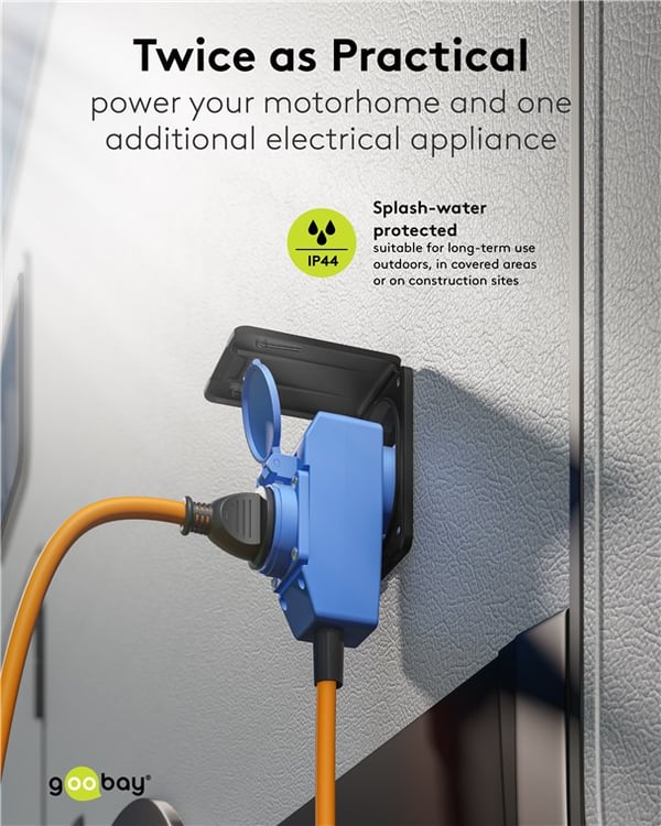 CEE-adapterkabel, kontakt med jord til 90° CEE hun og uttak med jord, 1,5 m
