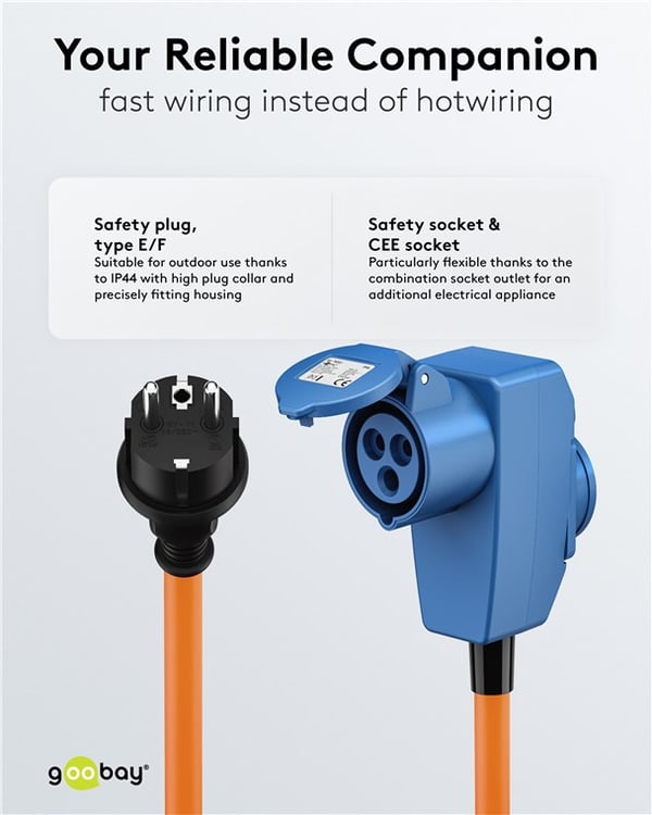 CEE-adapterkabel, kontakt med jord til 90° CEE hun og uttak med jord, 1,5 m