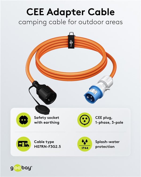 CEE-adapterkabel, CEE-stik med jordkontakt, 5 m