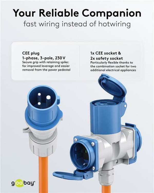 CEE-adapterkabel, CEE-hann til 1x CEE-hunn og 2x uttak med jord, 5 m