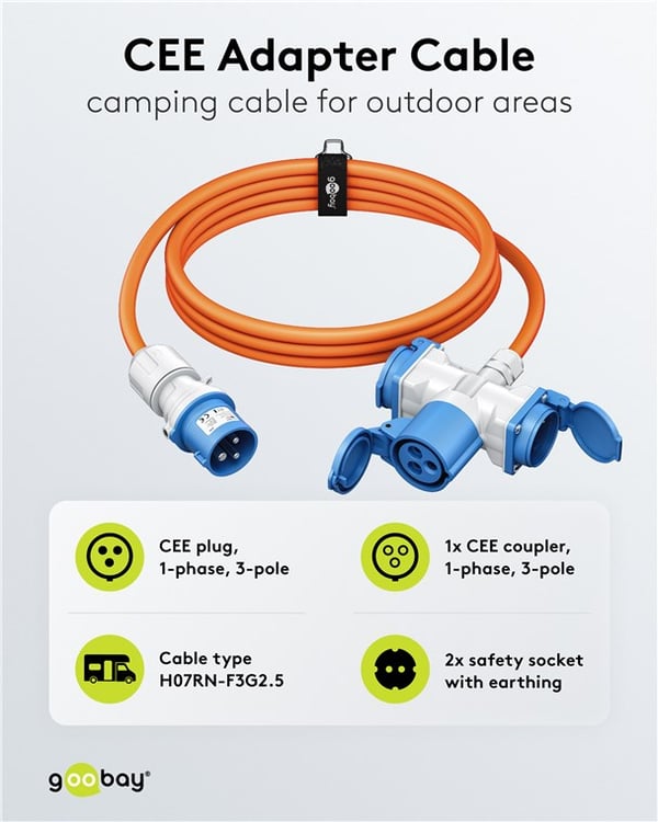 CEE-adapterkabel, CEE-hann til 1x CEE-hunn og 2x uttak med jord, 10 m