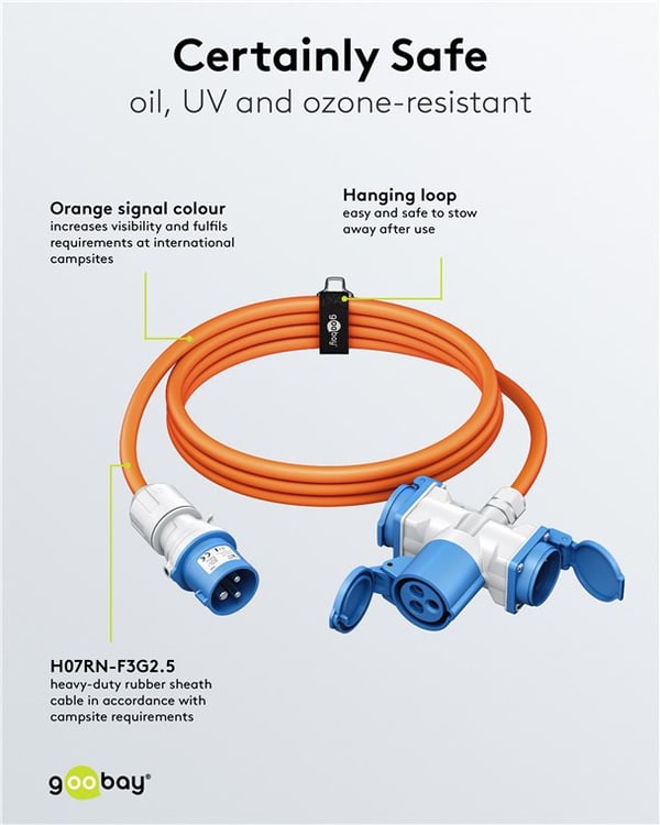 CEE-adapterkabel, CEE-hann til 1x CEE-hunn og 2x uttak med jord, 10 m